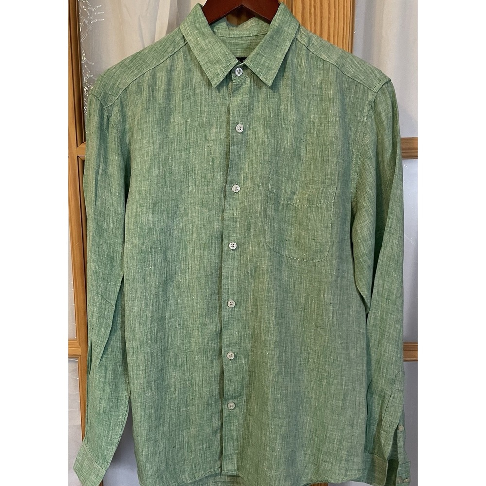 Cottonworld 100% Linen Shirt Mens M Green Long Sleeve Button Up Casual Workwear
